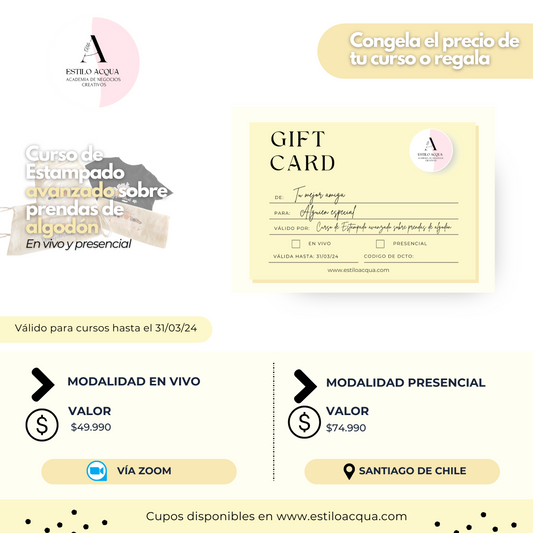 Gift Card - Curso de estampado con vinilo avanzado sobre prendas de algodón